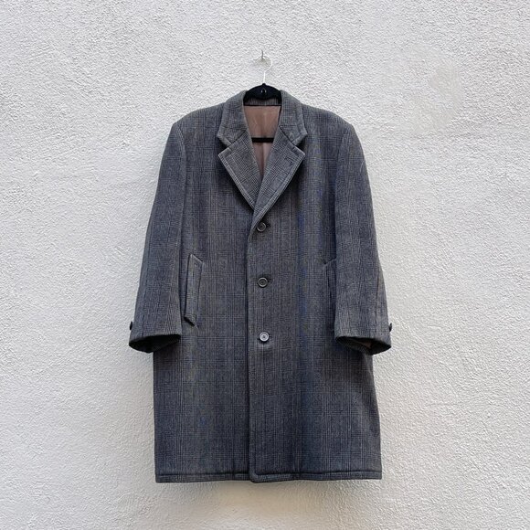 Vintage 50s 60s Men's Black and Gray Plaid Heavy Duty Men's Overcoat Coat Large